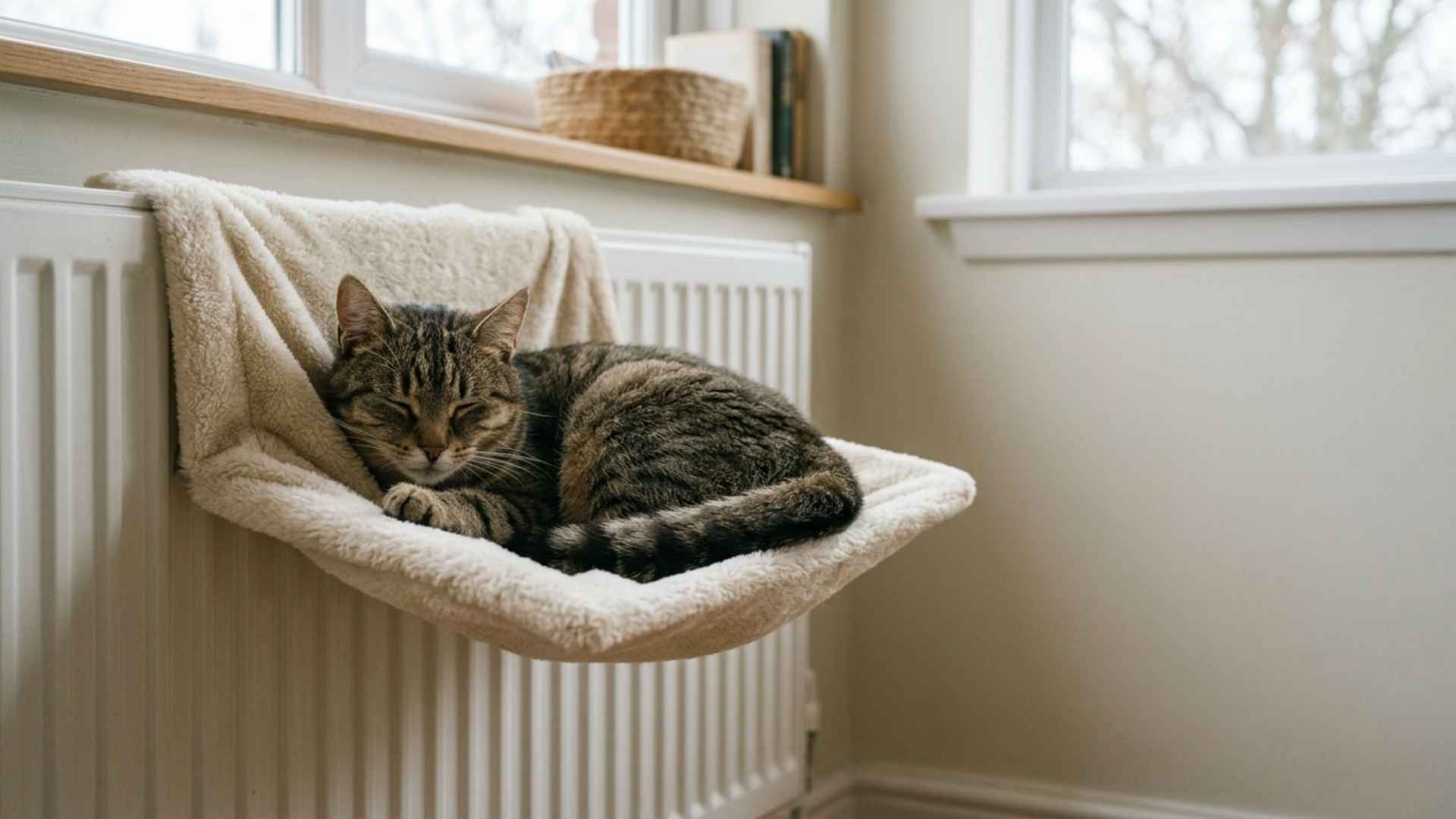 Gato durmiendo en una cama de radiador